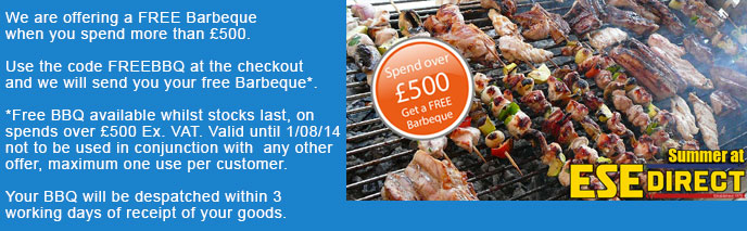 We are offering a FREE Barbeque when you spend more than £500. Use the code FREEBBQ at the checkout and we will send you your free Barbeque*. *Free BBQ available whilst stocks last, on spends over £500 Ex. VAT. Valid until 1/08/14 not to be used in conjunction with any other offer, maximum one use per customer. Your BBQ will be despatched within 3 working days of receipt of your goods. Free Barbeque Offer Banner