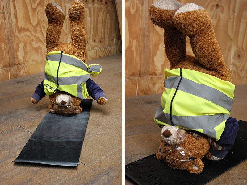 Health and Safety Bear demonstrates the Head Stand and Shoulder Stand Yoga Poses
