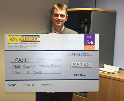 East Anglian Children's Hospice fundraiser Gary Cook receives cheque for £320.48