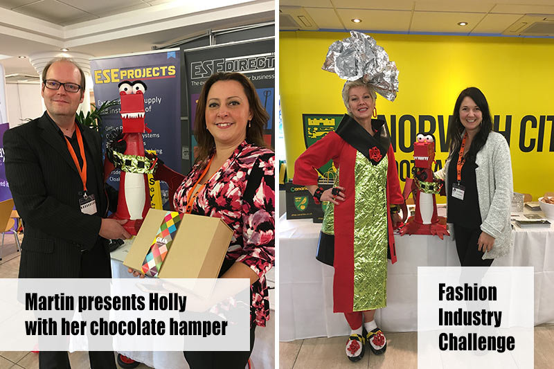 Martin Gilmour presents Holly with her Gnaw chocolate hamper and Sally shows off her Fashion Industry Challenge Outfit