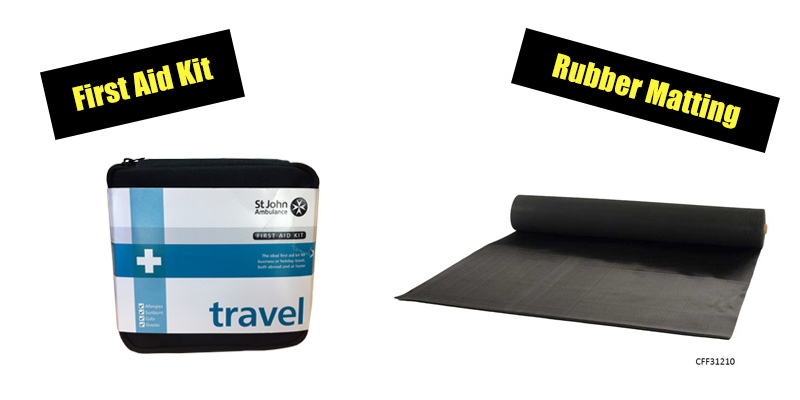 Travel first aid kit and fine fluted rubber matting