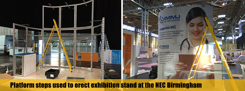 Platform steps used to erect an exhibition stand at the NEC Birmingham