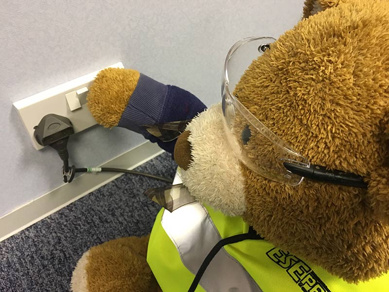 Health and Safety Bear says, Don't put your paw on the plug socket