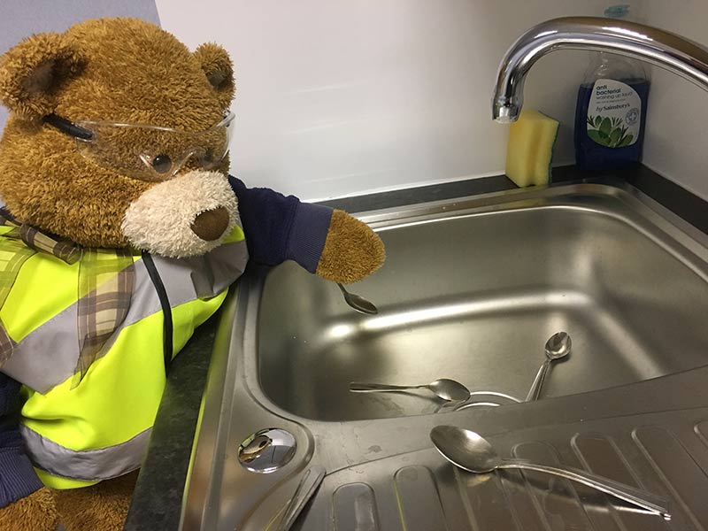 Health and Safety Bear says, Wash up your teaspoons