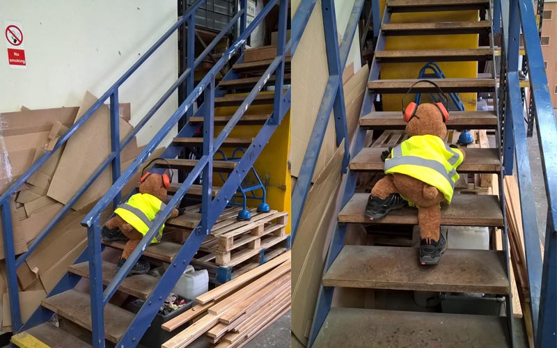 Health and Safety Bear climbs the stairs