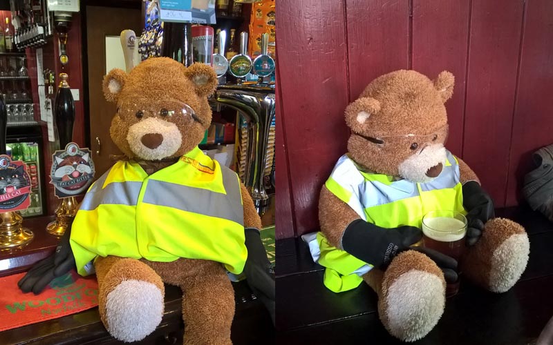 Health and Safety Bear enjoys a beer at The Fat Cat Pub in Norwich