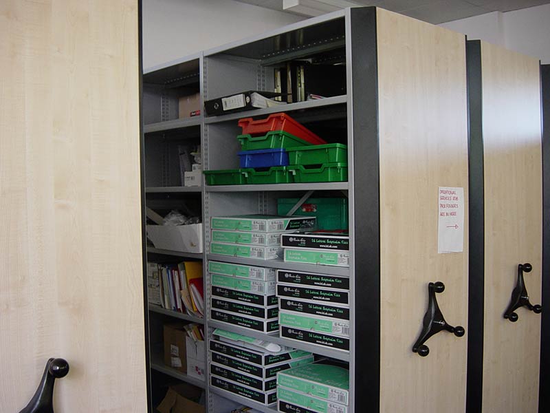 Mobile shelving used for office supplies