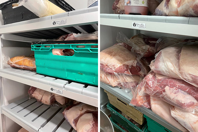 Eko Fit shelving for storage of bacon and ham in Priors Butchers fridge