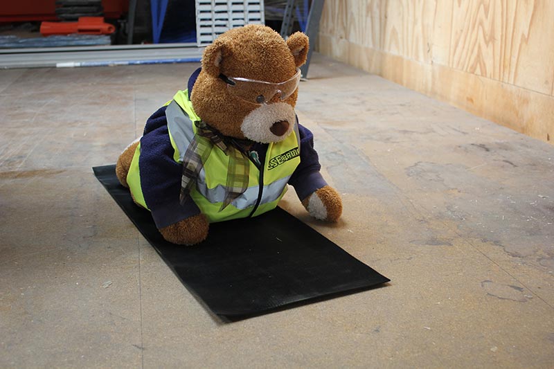 Health and Safety Bear demonstrates Upward Dog Yoga Pose