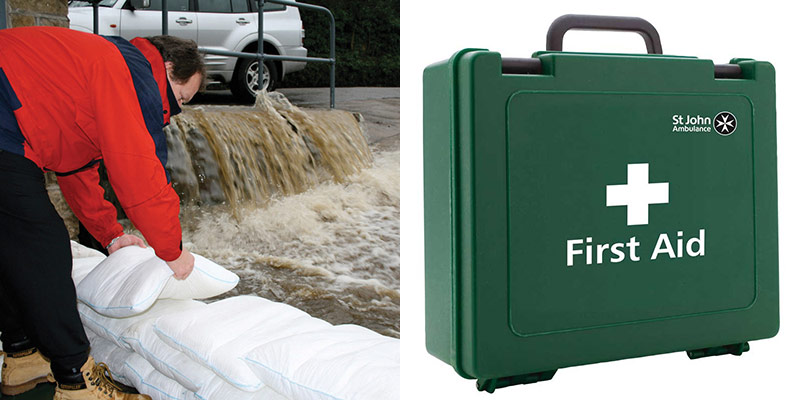 Expanding sand bags and St John Ambulance approved first aid kit