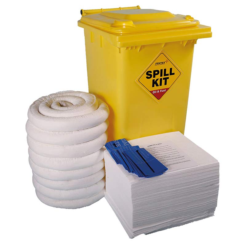 240L oil and fuel spill kit with yellow wheelie bin