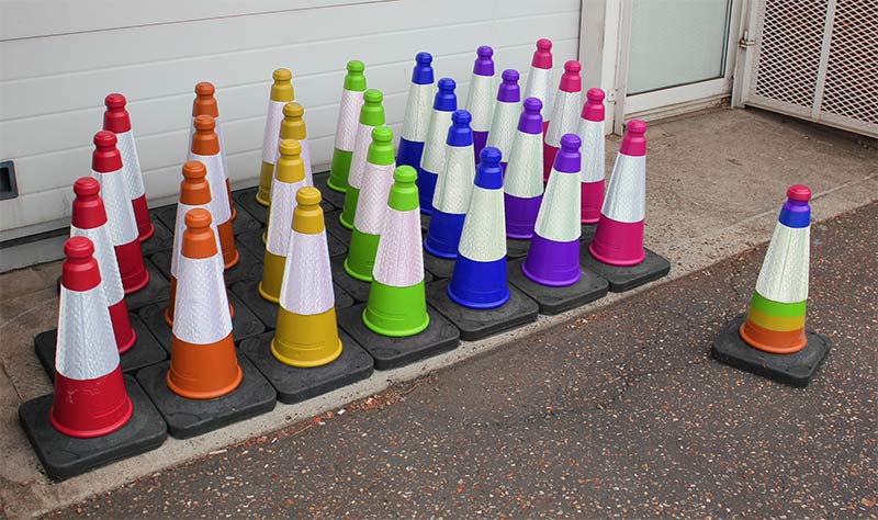 A colourful array of traffic cones created for Pride