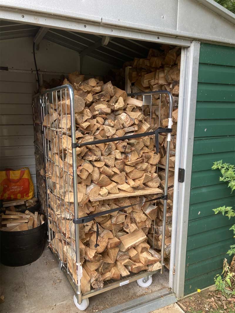 Wood stored on roll container