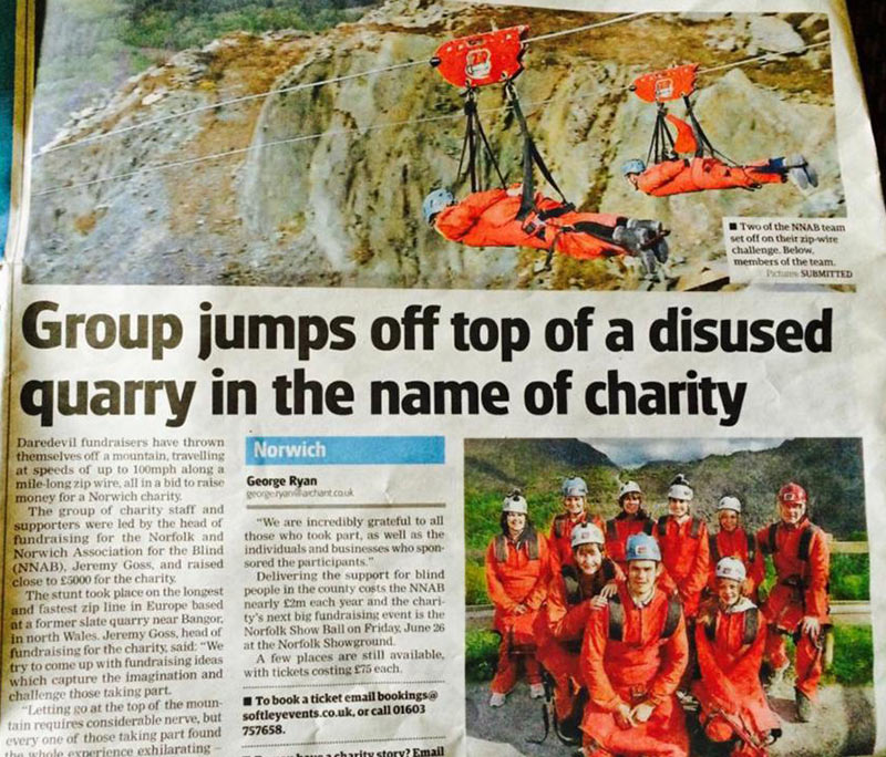 An article in a local newspaper about the Zip Wire Challenge