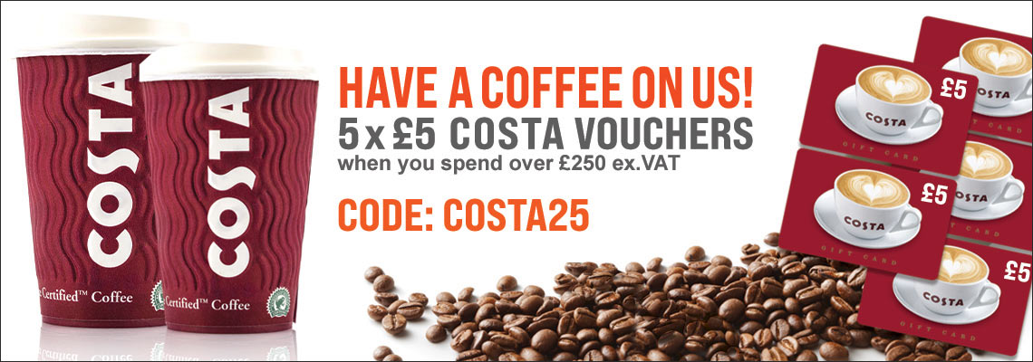 five £5 costa vouchers with orders over £250 ex.VAT
