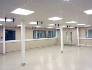 Modular Clean room Partitioning systems with steel pan ceiling under a mezzanine floor