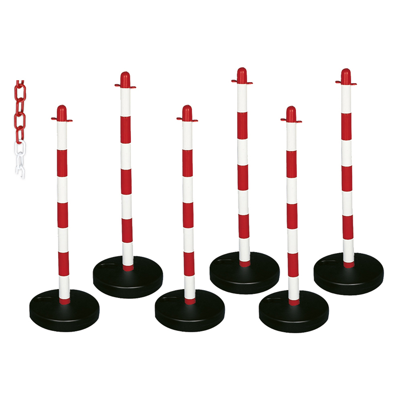 Click to view product details and reviews for Barrier Kit 6 Posts 6mm Chain Triangular Concrete Base Red White.