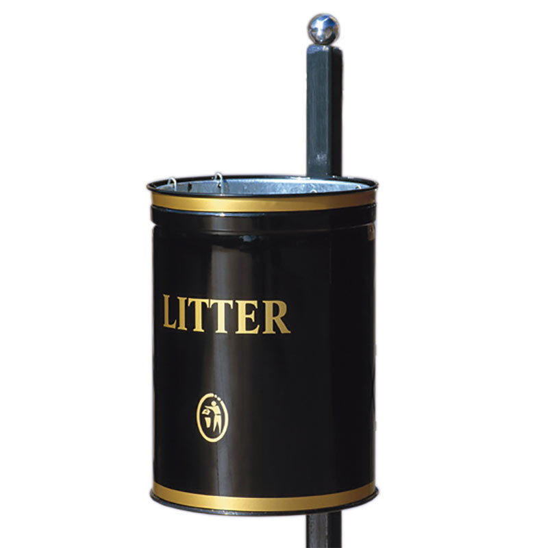 Black 40l Post Mounted Open Top Litter Bin 480mm High