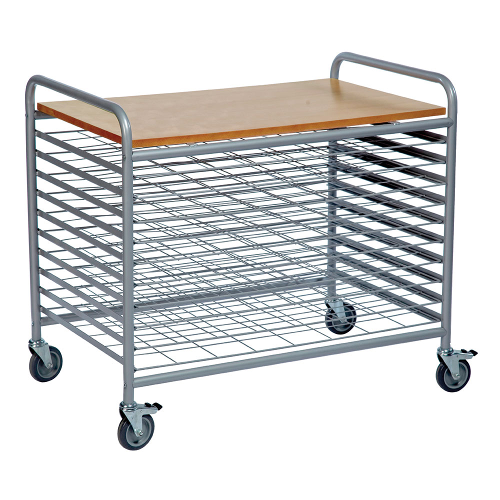 Click to view product details and reviews for 10 Level Art Drying Trolley 45mm Between Shelves Grey Powder Coated Frame With Beech Laminate Top.