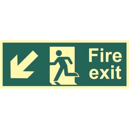 Fire Exit Man And Arrow Down Left Sign Rigid 13mm Photoluminescent Board 150 X 400mm