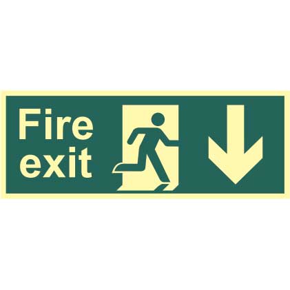 Fire Exit Man And Arrow Down Sign Rigid 13mm Photoluminescent Board 150 X 400mm