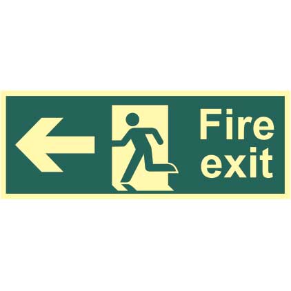 Fire Exit Man And Arrow Left Sign Self Adhesive 1mm Rigid Photoluminescent Board 150 X 400mm