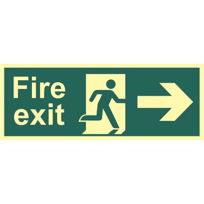 Fire Exit Man And Arrow Right Sign Rigid 13mm Photoluminescent Board 150 X 400mm