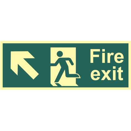 Fire Exit Man And Arrow Up Left Sign Rigid 13mm Photoluminescent Board 150 X 400mm