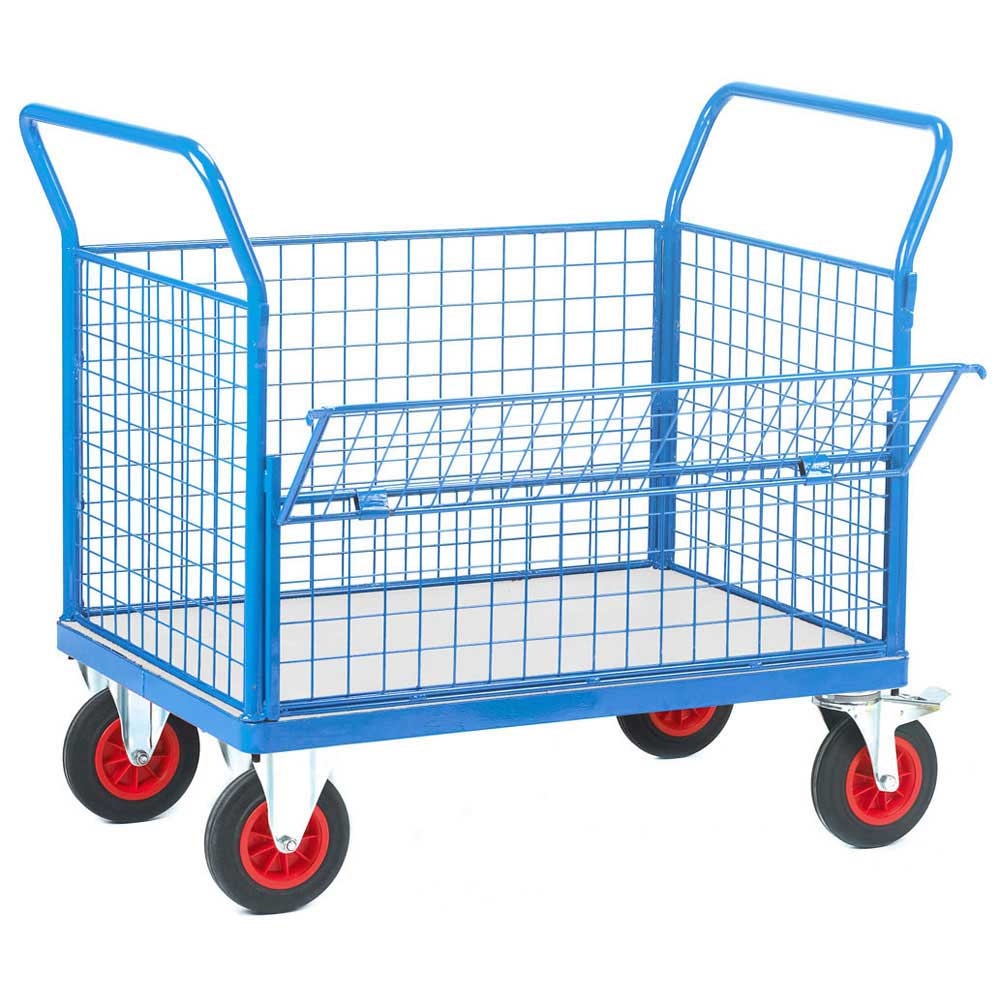 Click to view product details and reviews for 4 Mesh Sides 1 Half Drop Galvanised Base Platform Trolley 1000 X 700.