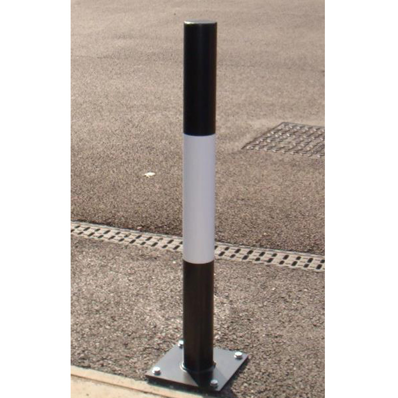 Heavy Duty Round Hinged Drop Down Steel Padlock Post Powder Coated Black With White Vinyl Stripe 1000mm Tall